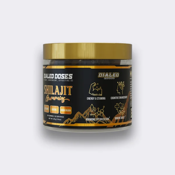 Dialed Doses Shilajit Gummies supplement container, marketed for energy, stamina, and hormone optimization.