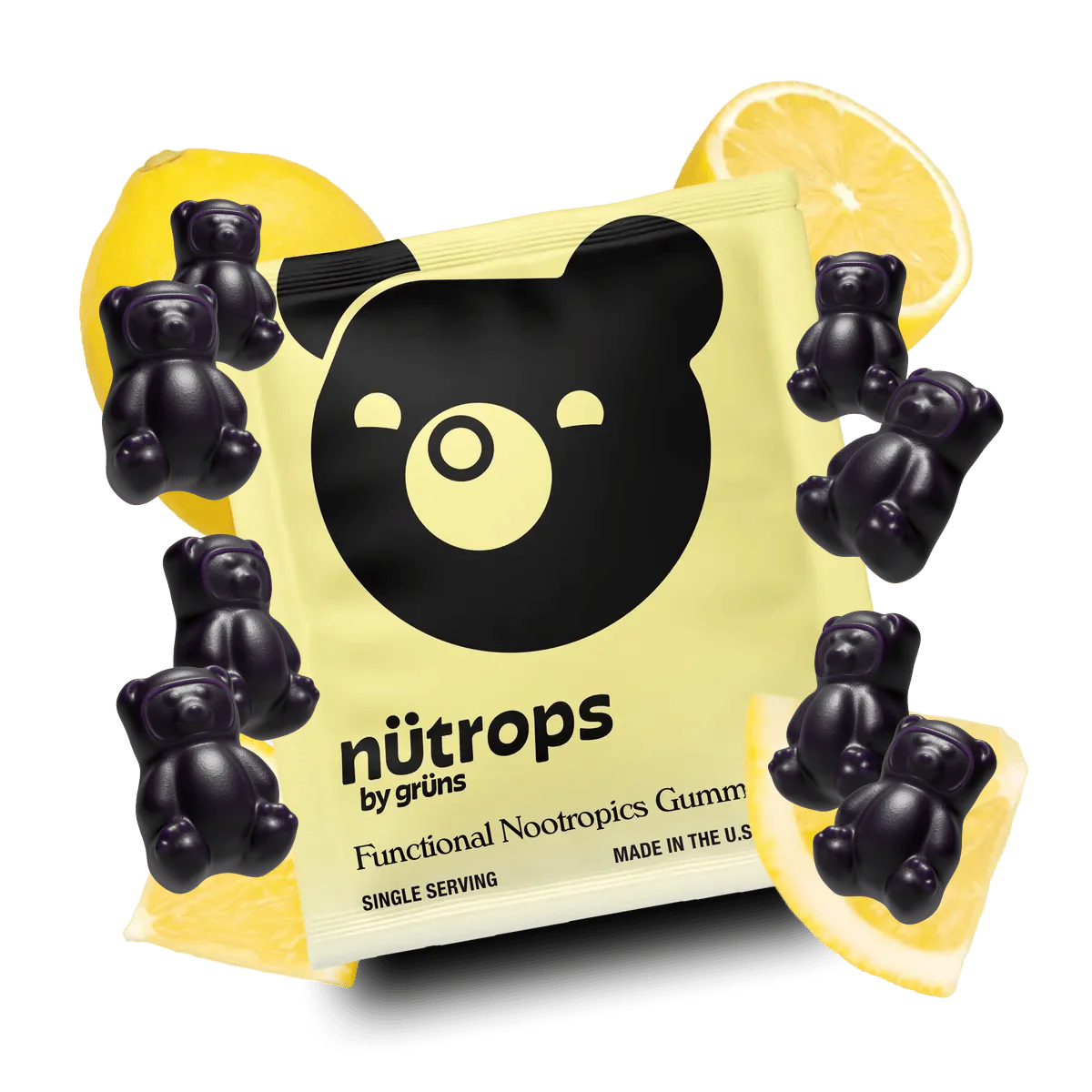 Packaging of functional nootropics gummies with bear-shaped supplements and lemon slices, representing cognitive support products.