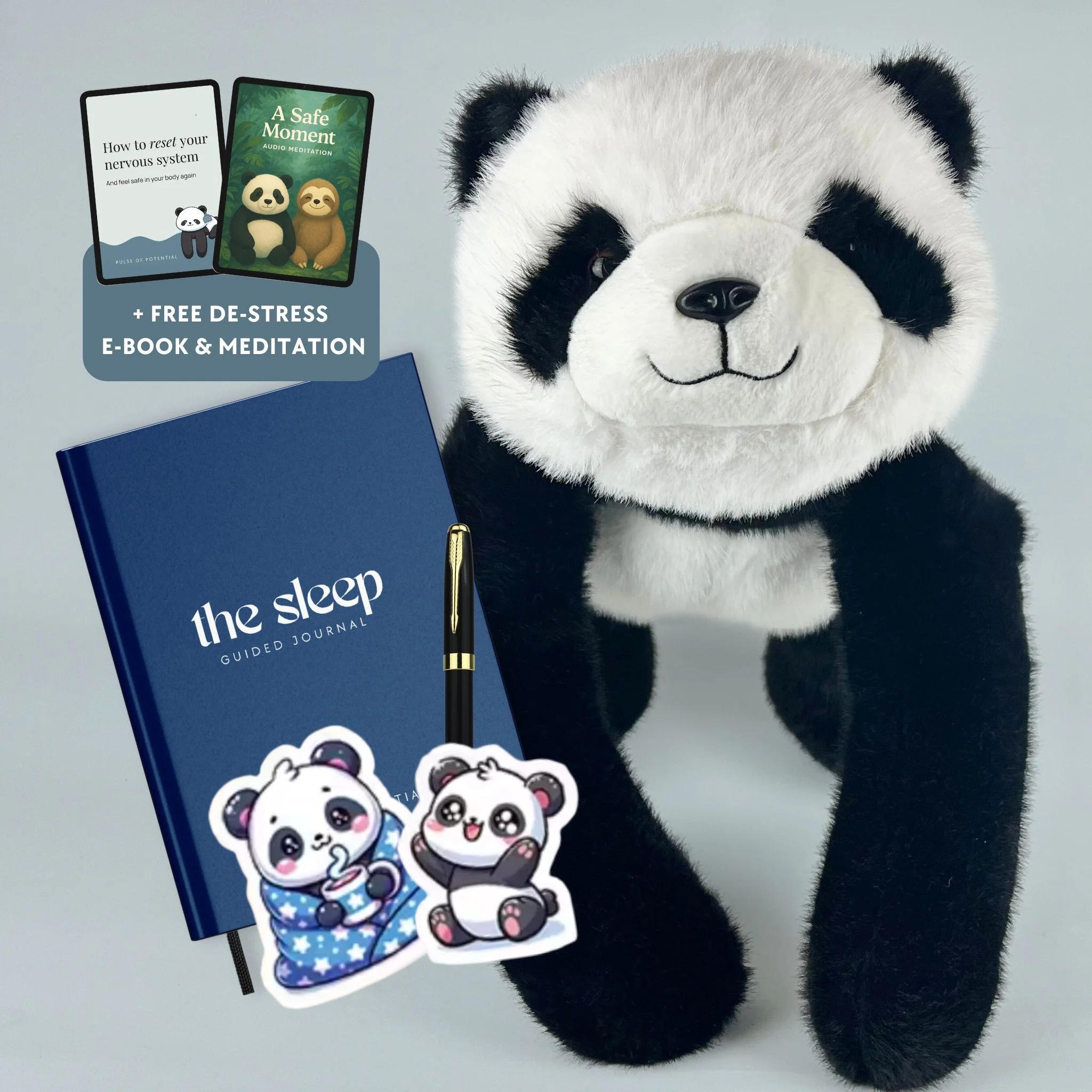 Sleep wellness bundle featuring a plush panda, ‘The Sleep’ guided journal, and relaxation resources promoting rest and stress relief.