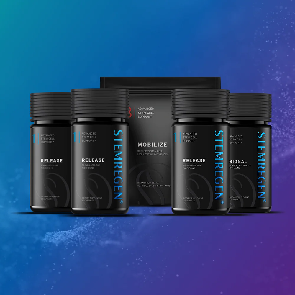 Stemregen supplement product lineup featuring Release, Mobilize, and Signal formulas for stem cell support.