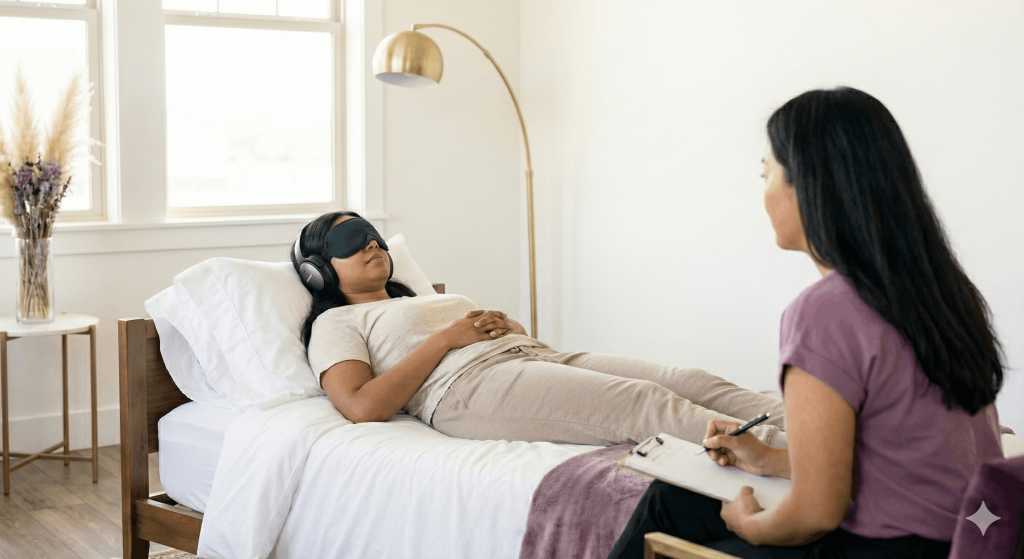 Client resting with an eye mask and headphones while a therapist takes notes, representing a guided therapeutic or ketamine-assisted session.